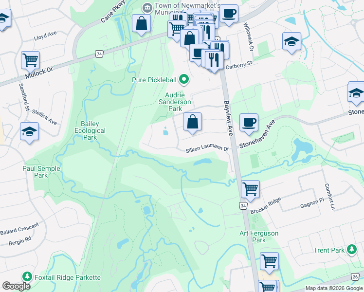 map of restaurants, bars, coffee shops, grocery stores, and more near 405 Silken Laumann Drive in Newmarket