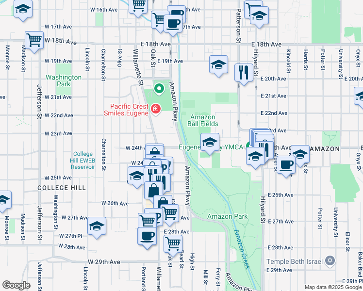 map of restaurants, bars, coffee shops, grocery stores, and more near in Eugene