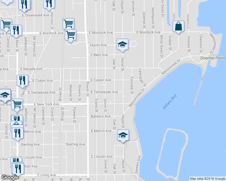 map of restaurants, bars, coffee shops, grocery stores, and more near 1313 Oak Street in Oshkosh