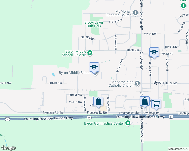 map of restaurants, bars, coffee shops, grocery stores, and more near 601 4th Street Northwest in Byron