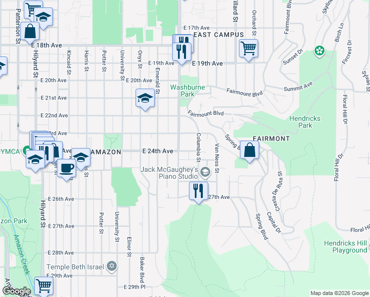 map of restaurants, bars, coffee shops, grocery stores, and more near 1648 East 23rd Avenue in Eugene