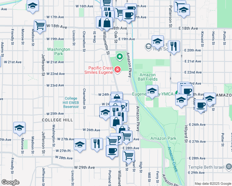 map of restaurants, bars, coffee shops, grocery stores, and more near 2352 Willamette Street in Eugene