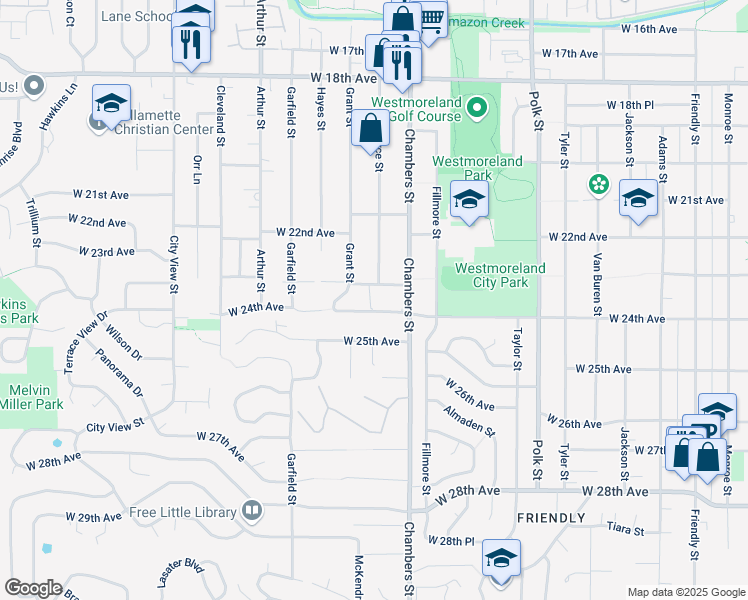 map of restaurants, bars, coffee shops, grocery stores, and more near 1732 West 23rd Avenue in Eugene