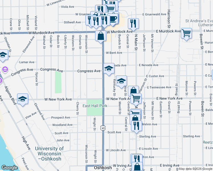 map of restaurants, bars, coffee shops, grocery stores, and more near 1310 Jackson Street in Oshkosh