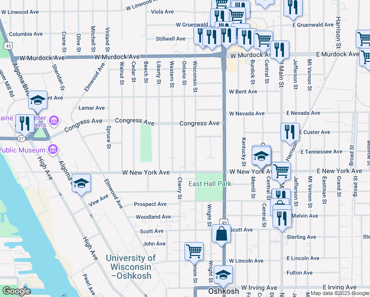 map of restaurants, bars, coffee shops, grocery stores, and more near 1327 Ontario Street in Oshkosh