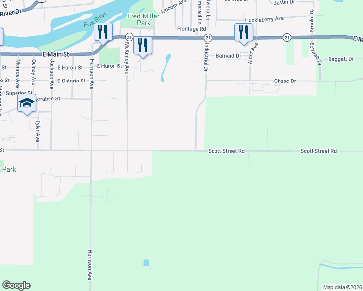 map of restaurants, bars, coffee shops, grocery stores, and more near 707 Industrial Drive in Omro