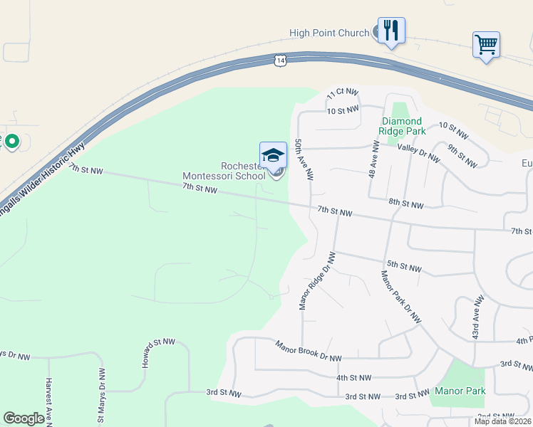 map of restaurants, bars, coffee shops, grocery stores, and more near 5142 Coventry Lane Northwest in Rochester