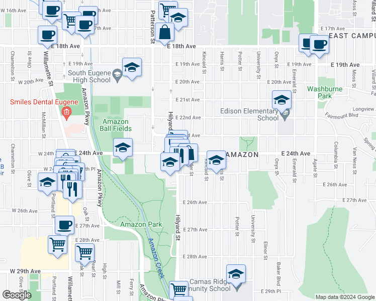 map of restaurants, bars, coffee shops, grocery stores, and more near 2360 Alder Street in Eugene