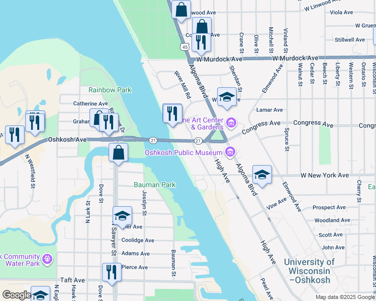 map of restaurants, bars, coffee shops, grocery stores, and more near 1335 Summit Avenue in Oshkosh