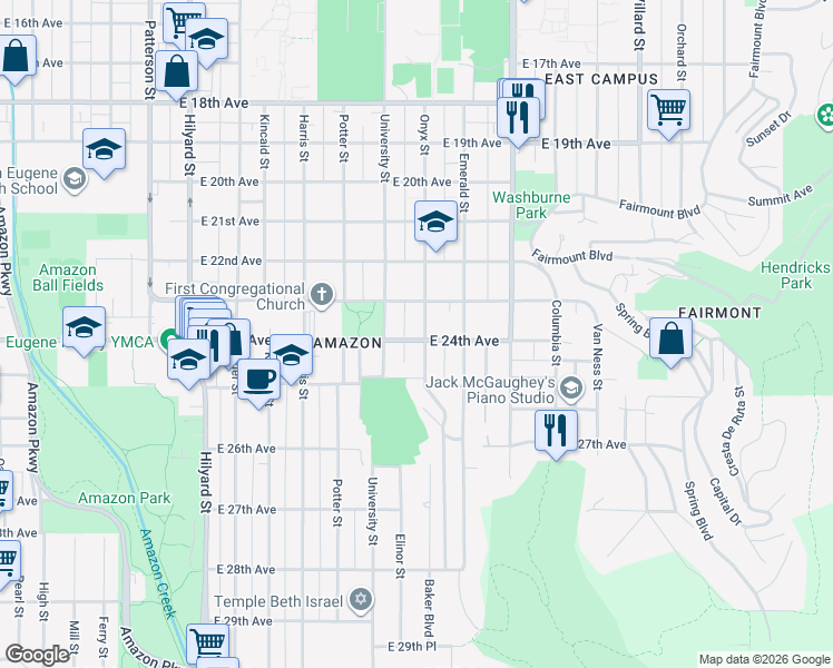 map of restaurants, bars, coffee shops, grocery stores, and more near 1295 East 24th Avenue in Eugene