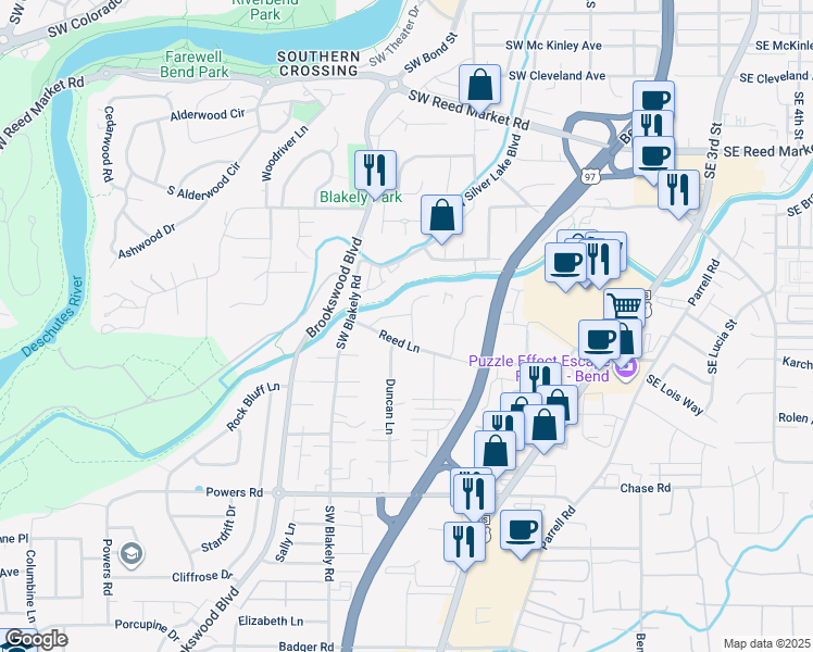 map of restaurants, bars, coffee shops, grocery stores, and more near 61513 Tall Tree Court in Bend