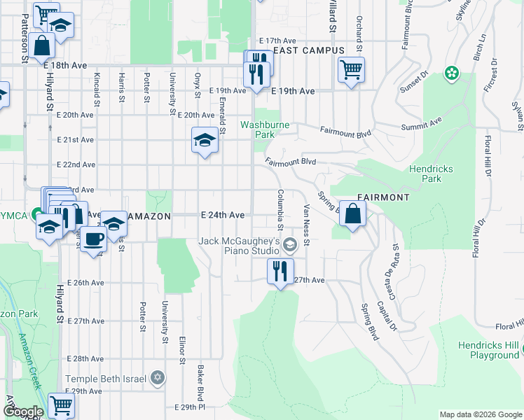 map of restaurants, bars, coffee shops, grocery stores, and more near 1648 East 23rd Avenue in Eugene