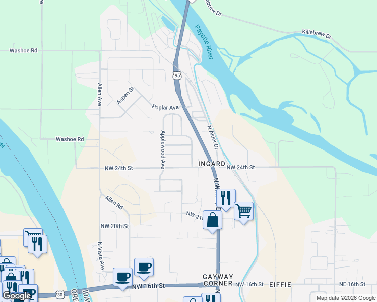map of restaurants, bars, coffee shops, grocery stores, and more near 1002 Braeburn Street in Fruitland