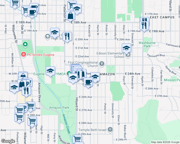 map of restaurants, bars, coffee shops, grocery stores, and more near 895 East 24th Avenue in Eugene