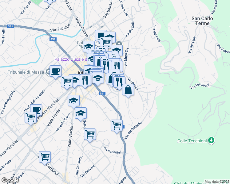 map of restaurants, bars, coffee shops, grocery stores, and more near 11 Piazza Bastione in Massa