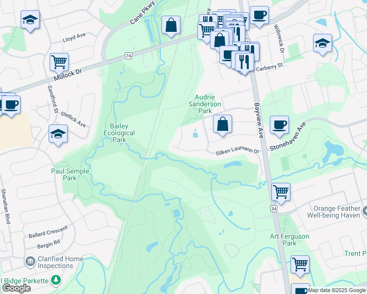 map of restaurants, bars, coffee shops, grocery stores, and more near 343 Silken Laumann Drive in Newmarket