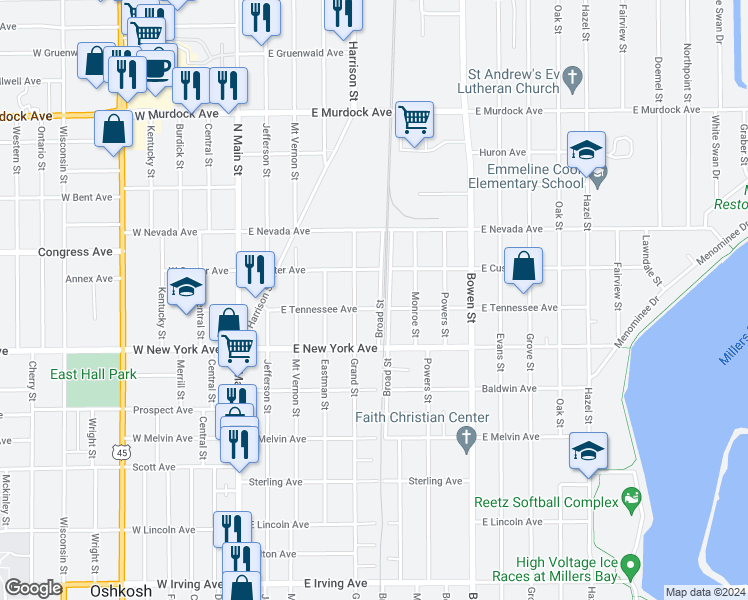 map of restaurants, bars, coffee shops, grocery stores, and more near 1331 Broad Street in Oshkosh