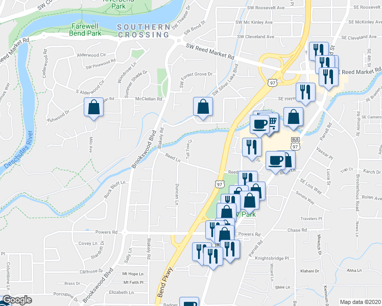 map of restaurants, bars, coffee shops, grocery stores, and more near 61514 Tall Tree Court in Bend