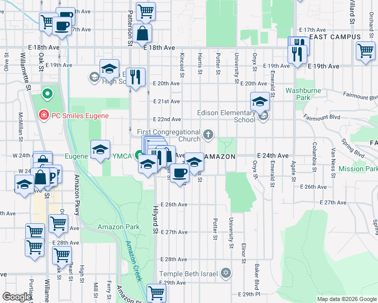 map of restaurants, bars, coffee shops, grocery stores, and more near 945 East 24th Avenue in Eugene