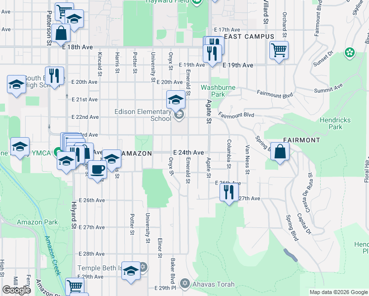map of restaurants, bars, coffee shops, grocery stores, and more near 2380 Emerald Street in Eugene