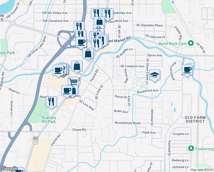 map of restaurants, bars, coffee shops, grocery stores, and more near 61515 Brosterhous Road in Bend