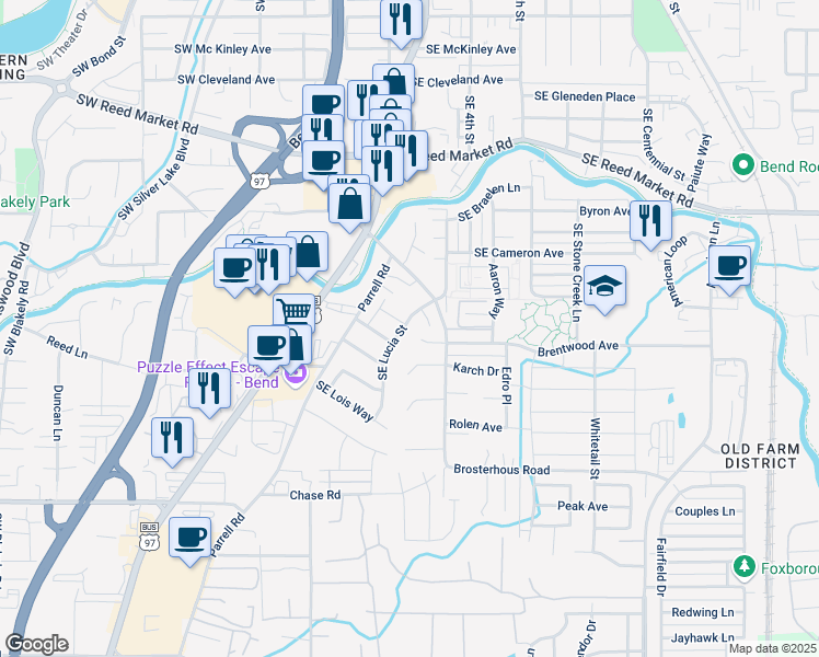 map of restaurants, bars, coffee shops, grocery stores, and more near 61523 Brosterhous Road in Bend