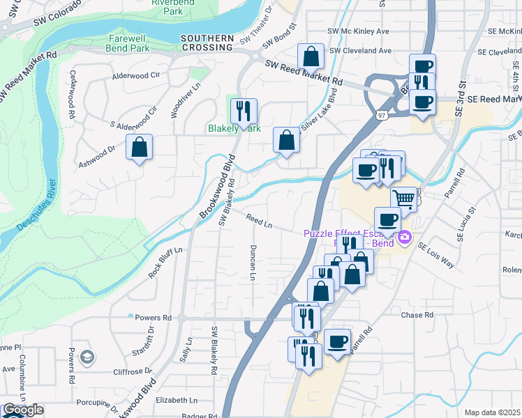 map of restaurants, bars, coffee shops, grocery stores, and more near 20130 Reed Lane in Bend