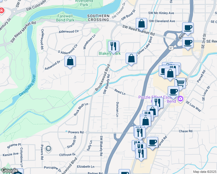map of restaurants, bars, coffee shops, grocery stores, and more near 1333 SW Boardwalk ln in Bend