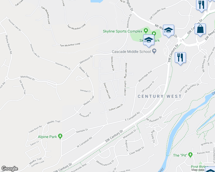 map of restaurants, bars, coffee shops, grocery stores, and more near 19471 Blue Lake Loop in Bend