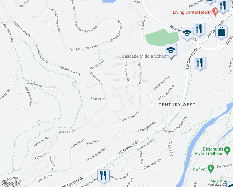 map of restaurants, bars, coffee shops, grocery stores, and more near 19471 Blue Lake Loop in Bend