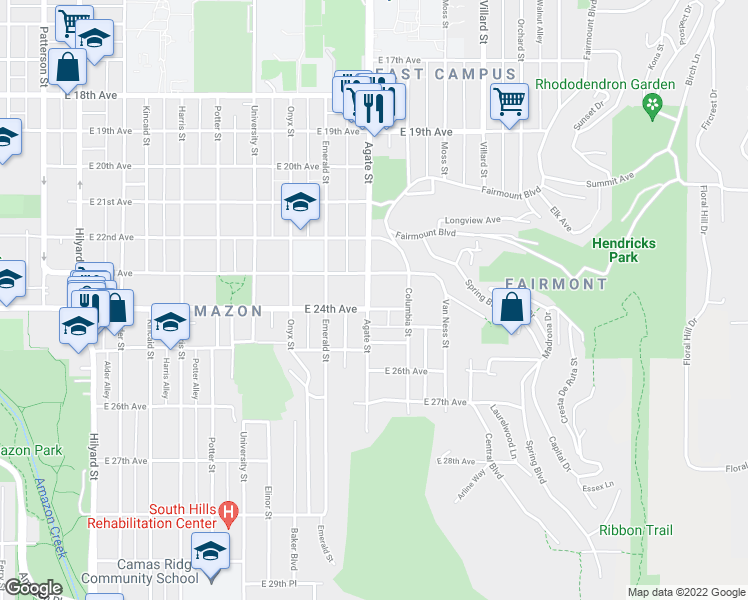 map of restaurants, bars, coffee shops, grocery stores, and more near 1648 East 23rd Avenue in Eugene
