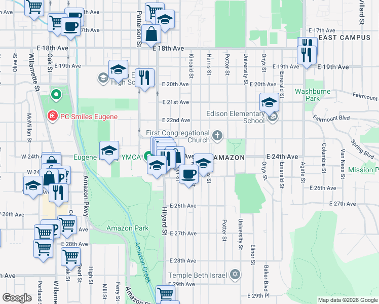 map of restaurants, bars, coffee shops, grocery stores, and more near 2335 Alder Street in Eugene