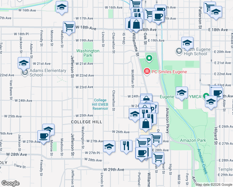 map of restaurants, bars, coffee shops, grocery stores, and more near 2324 Olive Street in Eugene