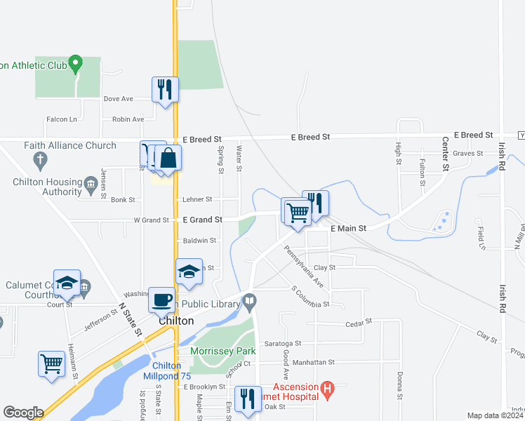 map of restaurants, bars, coffee shops, grocery stores, and more near 210 East Grand Street in Chilton
