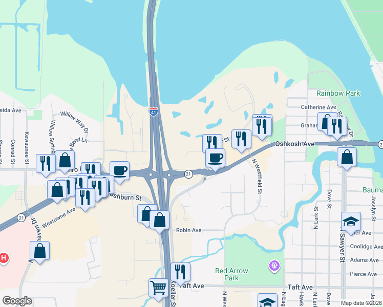 map of restaurants, bars, coffee shops, grocery stores, and more near 1886 Rath Lane in Oshkosh
