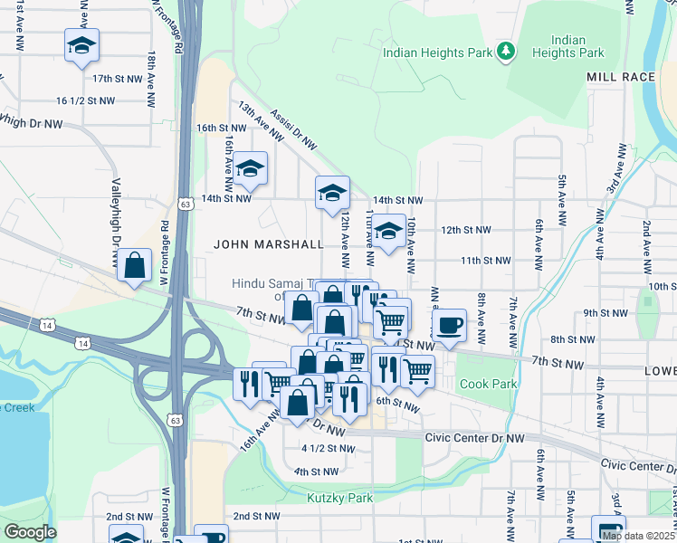 map of restaurants, bars, coffee shops, grocery stores, and more near 1106 13th Avenue Northwest in Rochester