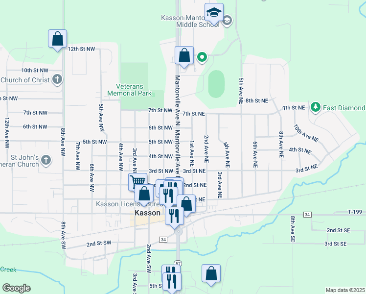 map of restaurants, bars, coffee shops, grocery stores, and more near 408 Mantorville Avenue North in Kasson