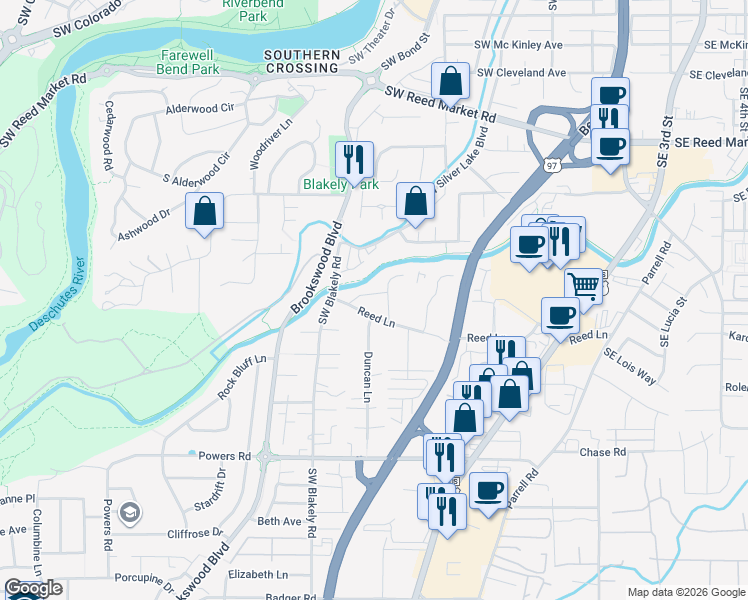 map of restaurants, bars, coffee shops, grocery stores, and more near 20130 Reed Lane in Bend