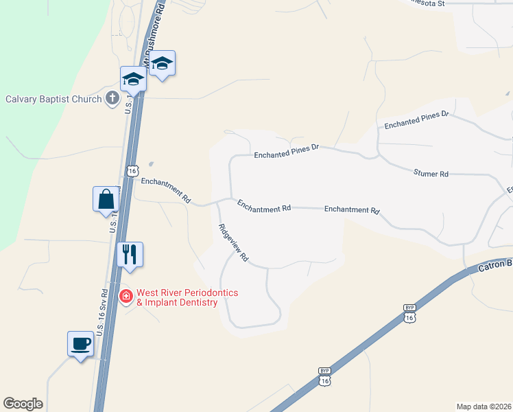 map of restaurants, bars, coffee shops, grocery stores, and more near 1132 Enchantment Rd in Rapid City