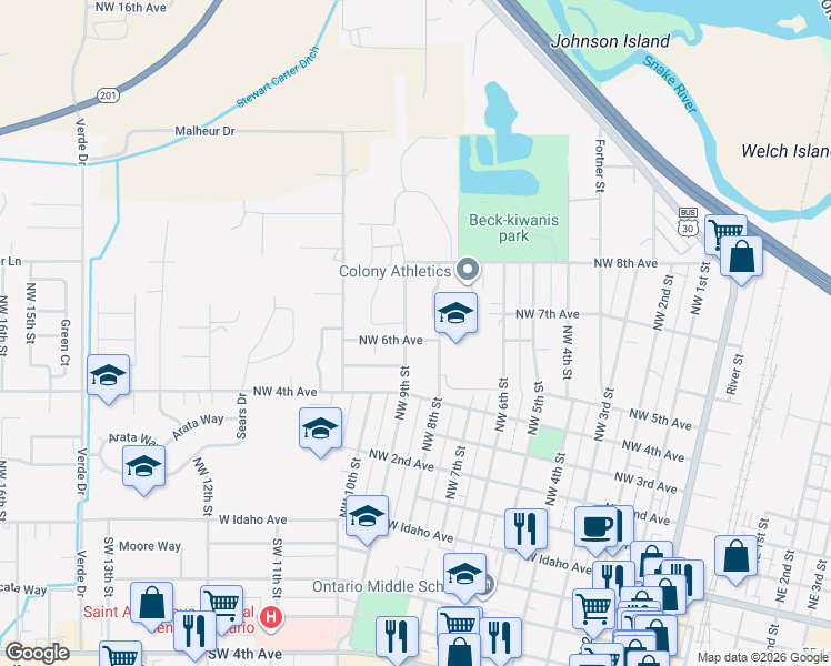 map of restaurants, bars, coffee shops, grocery stores, and more near 686 NW 9th St in Ontario