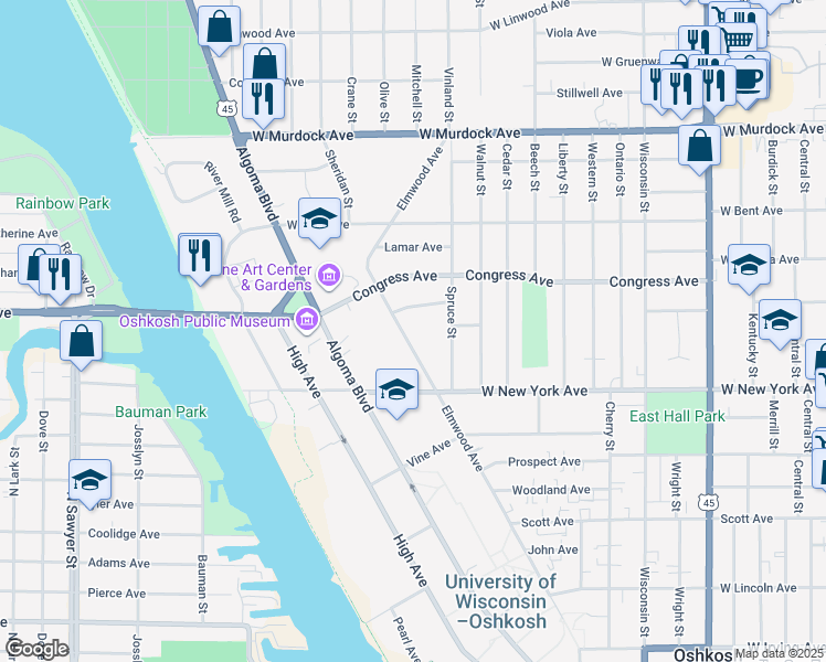 map of restaurants, bars, coffee shops, grocery stores, and more near 1262 Elmwood Avenue in Oshkosh