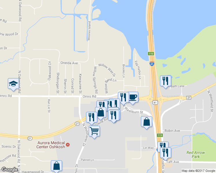 map of restaurants, bars, coffee shops, grocery stores, and more near 1256 Willow Bend Lane in Oshkosh