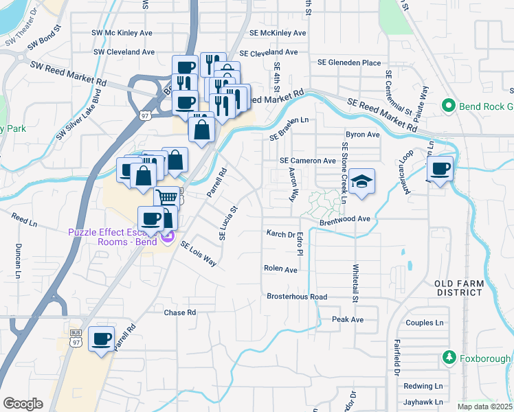 map of restaurants, bars, coffee shops, grocery stores, and more near 61515 Brosterhous Road in Bend