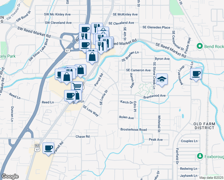 map of restaurants, bars, coffee shops, grocery stores, and more near 61515 Brosterhous Road in Bend