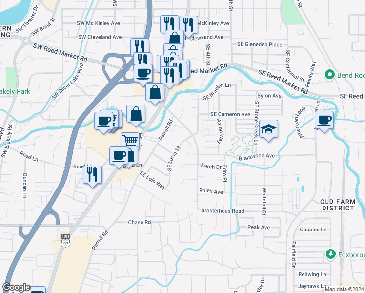 map of restaurants, bars, coffee shops, grocery stores, and more near 61523 Brosterhous Road in Bend