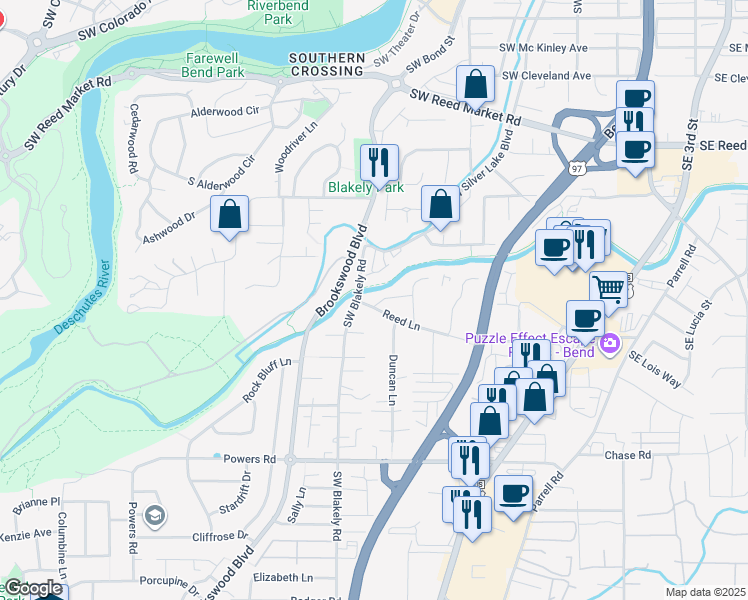 map of restaurants, bars, coffee shops, grocery stores, and more near 20130 Reed Lane in Bend