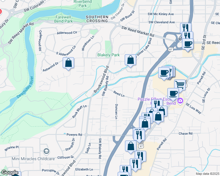 map of restaurants, bars, coffee shops, grocery stores, and more near 1333 SW Boardwalk ln in Bend