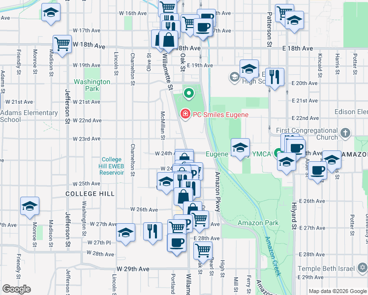 map of restaurants, bars, coffee shops, grocery stores, and more near 2352 Willamette Street in Eugene