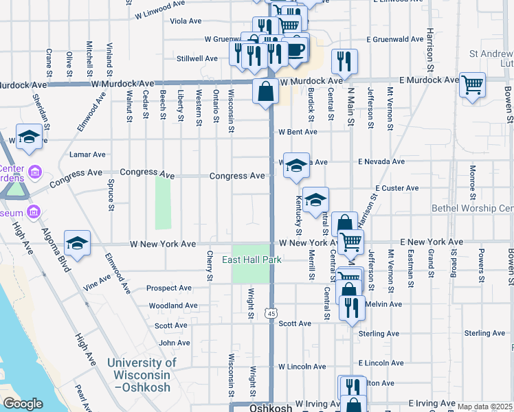 map of restaurants, bars, coffee shops, grocery stores, and more near 419 Annex Avenue in Oshkosh