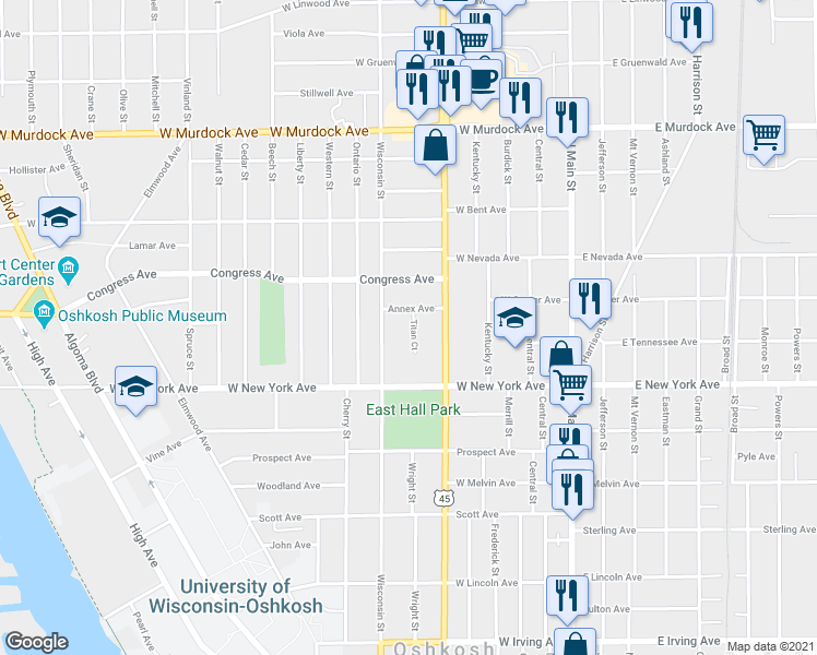 map of restaurants, bars, coffee shops, grocery stores, and more near 419 Annex Avenue in Oshkosh